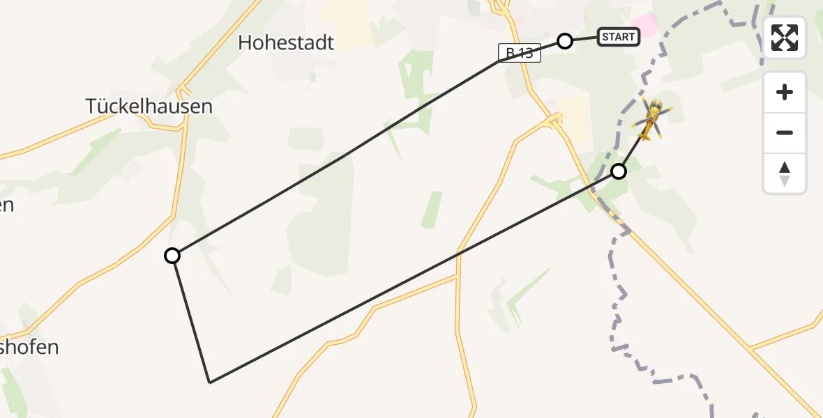 Flugroute Rettungshubschrauber Ochsenfurt Hospital - Marktbreit, 15 August 2026, 17:26