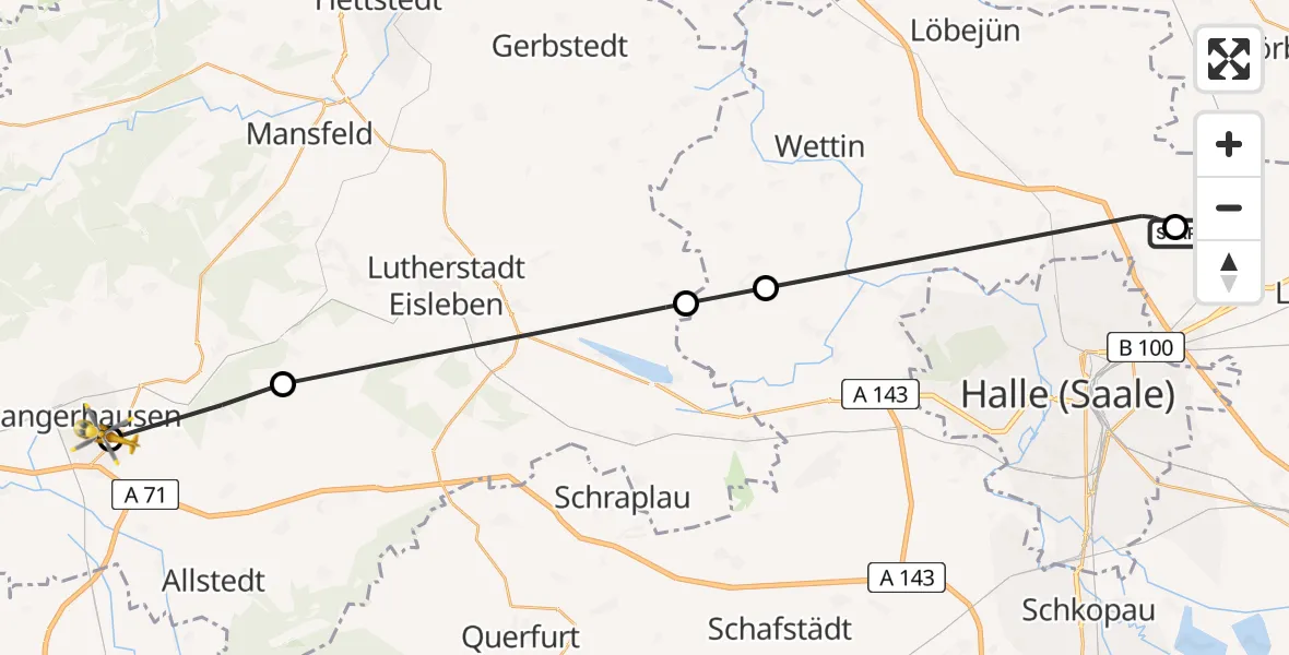 Flugroute Rettungshubschrauber Halle-Oppin Flugplatz - Sangerhausen, 15 August 2026, 17:26