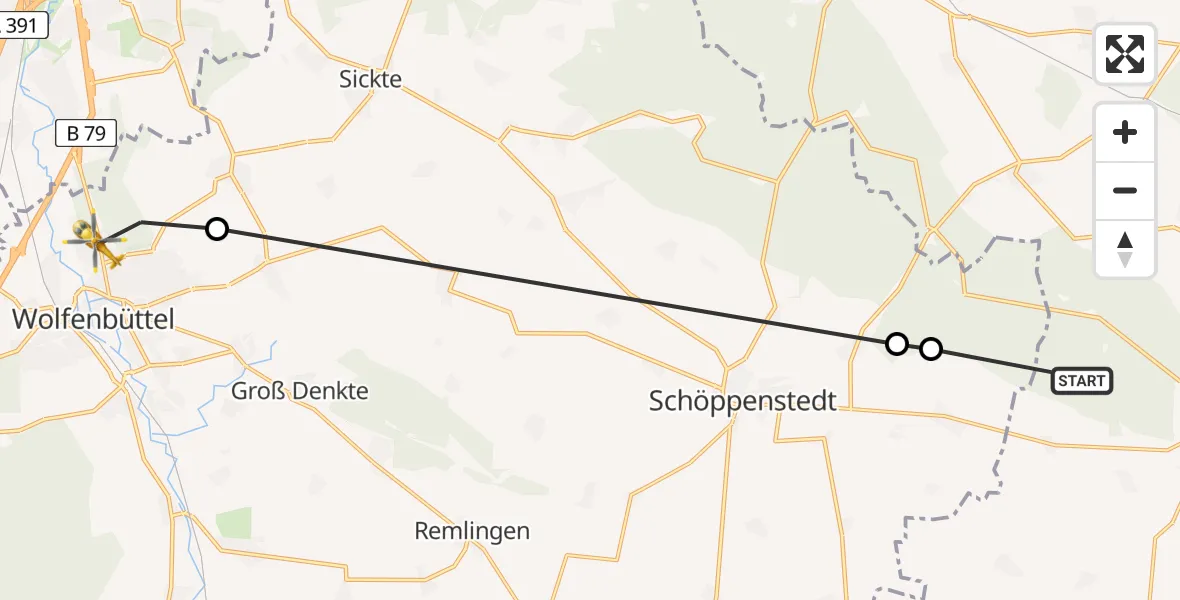 Flugroute Rettungshubschrauber Schöningen - Wolfenbüttel Municipal Hospital Heliport (Christoph 30), 15 August 2026, 17:32
