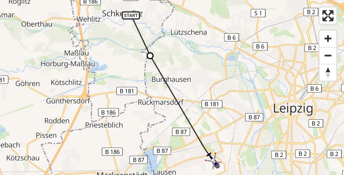 Flugroute Polizeihubschrauber Helios Clinic Schkeuditz - Leipzig, 15 August 2026, 17:38