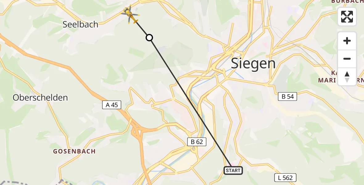 Flugroute Rettungshubschrauber Evangelisches Jung-Stilling Hospital - Siegen, 15 August 2026, 17:39