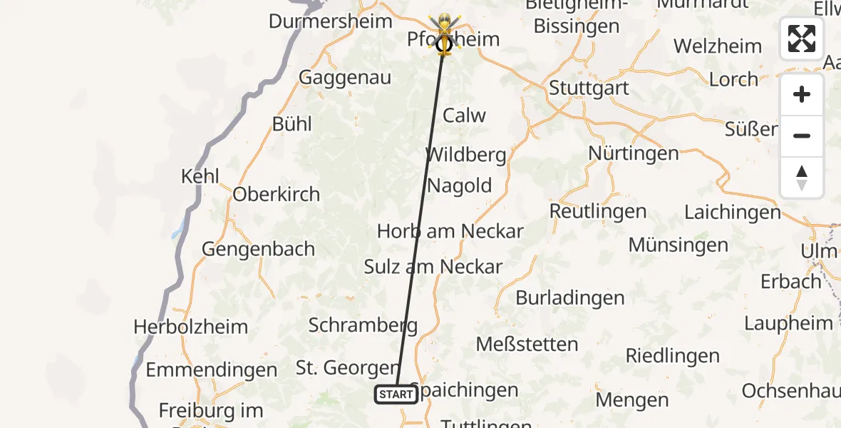Flugroute Ambulanzhubschrauber DRF Air Rescue Station Villingen-Schwenningen Hubschrauberlandeplatz (Christoph 11) - Siloah Sankt Trudpert Hospital, 15 August 2026, 17:40