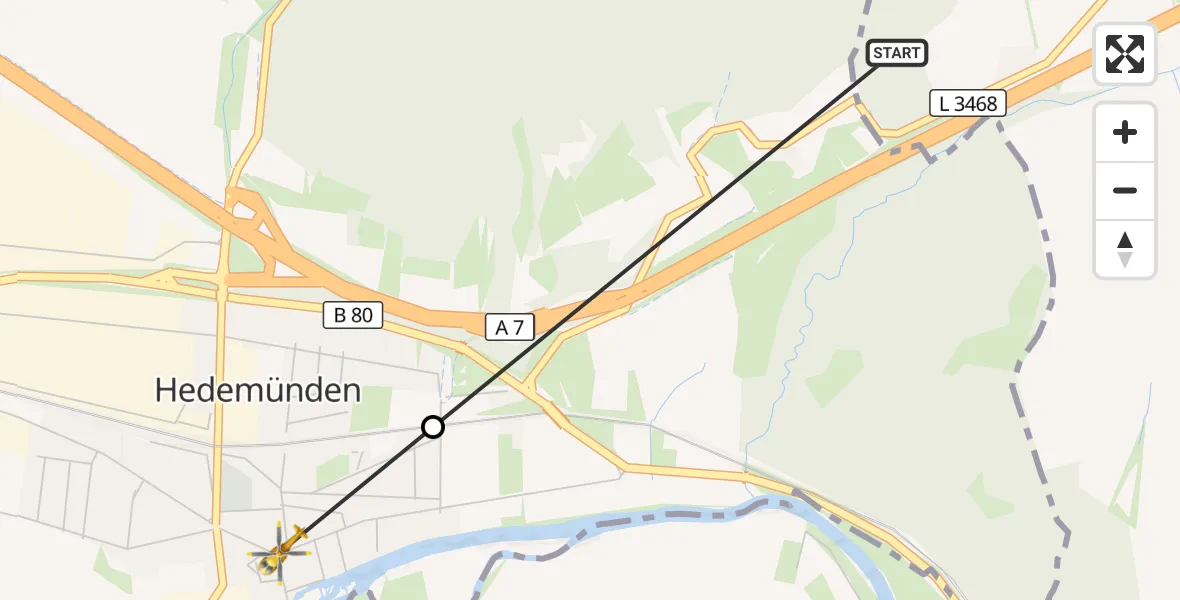 Flugroute Rettungshubschrauber Witzenhausen - Hann.Münden, 15 August 2026, 18:06