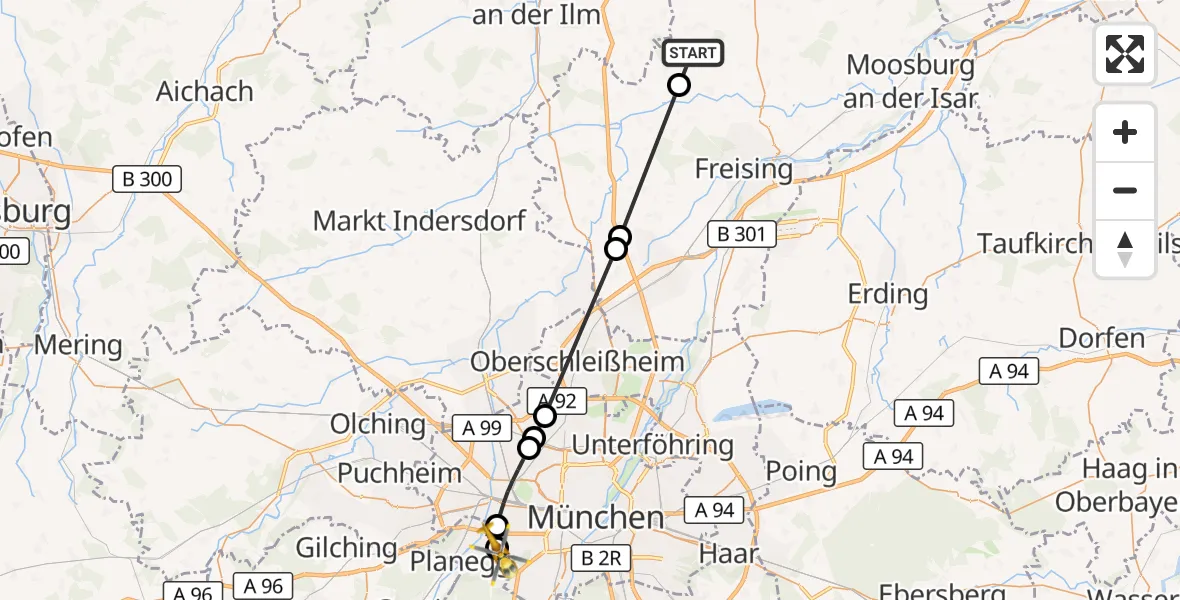 Flugroute Rettungshubschrauber Wolfersdorf - DRF Air Rescue München Hubschrauberlandeplatz, 15 August 2026, 18:19