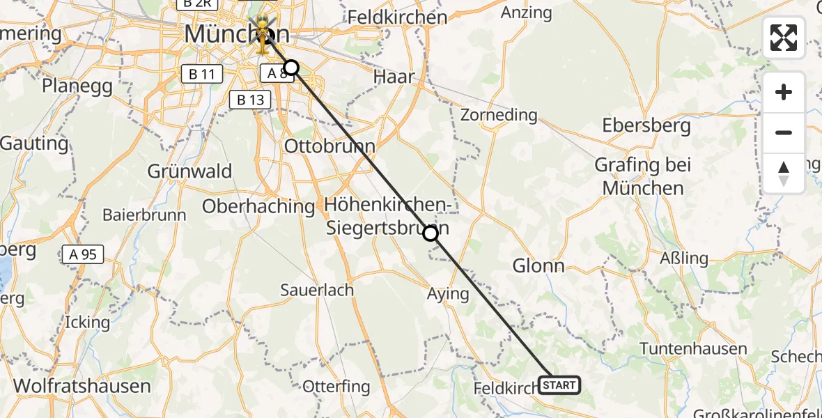 Flugroute Rettungshubschrauber Feldkirchen-Westerham - Rechts der Isar University Hospital, 15 August 2026, 18:19
