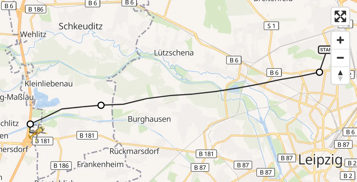 Flugroute Rettungshubschrauber Sankt George Hospital Leipzig - ADAC Air Rescue Station Leipzig/Schkeuditz-Dölzig Hubschrauberlandeplatz (Christoph 61), 15 August 2026, 18:26