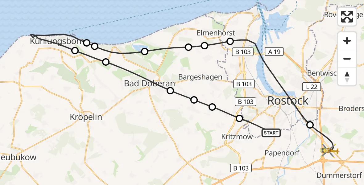 Flugroute Ambulanzhubschrauber Rostock - Dummerstorf, 15 August 2026, 18:26