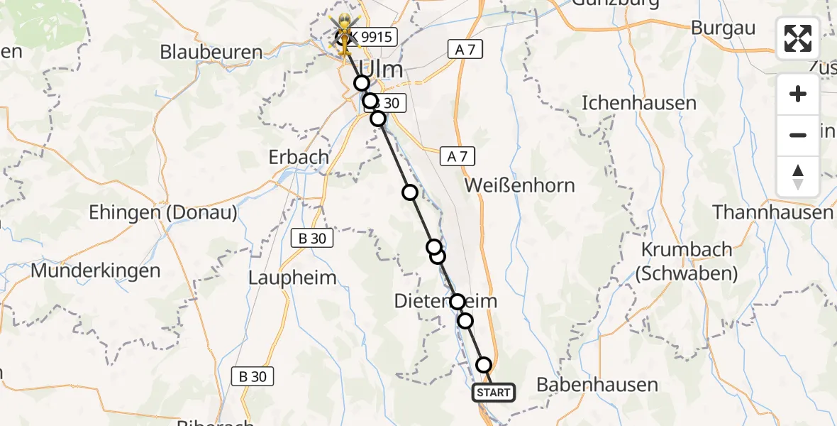 Flugroute Rettungshubschrauber Kellmünz a.d.Iller - Ulm Military Hospital Emergency, 15 August 2026, 18:26