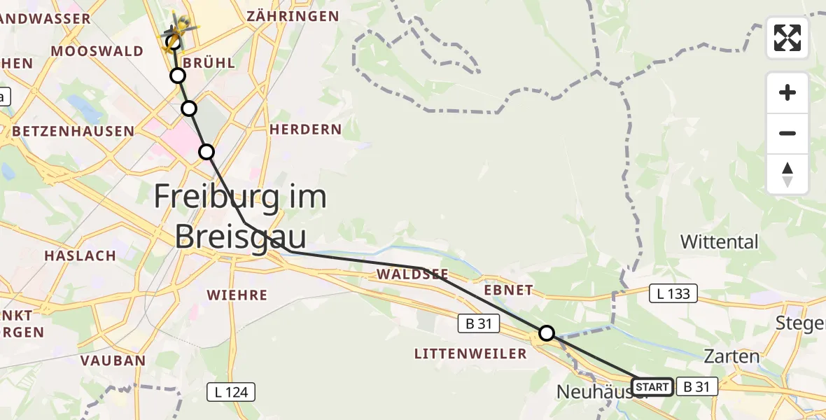 Flugroute Ambulanzhubschrauber Kirchzarten - Freiburg im Breisgau Flugplatz, 15 August 2026, 18:26