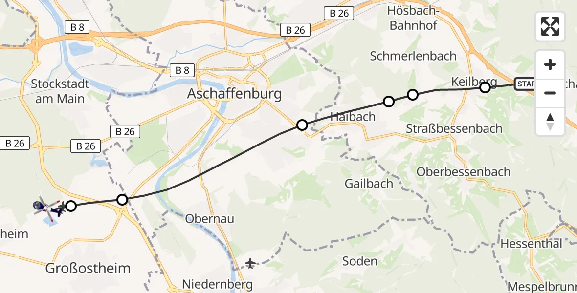 Flugroute Polizeihubschrauber Waldaschaff - Flugplatz Aschaffenburg, 15 August 2026, 18:28