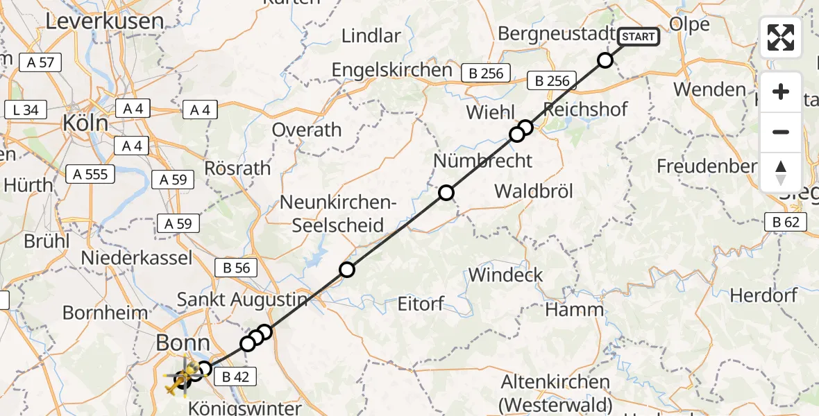 Flugroute Rettungshubschrauber Drolshagen - Bonn University Hospital, 15 August 2026, 18:28