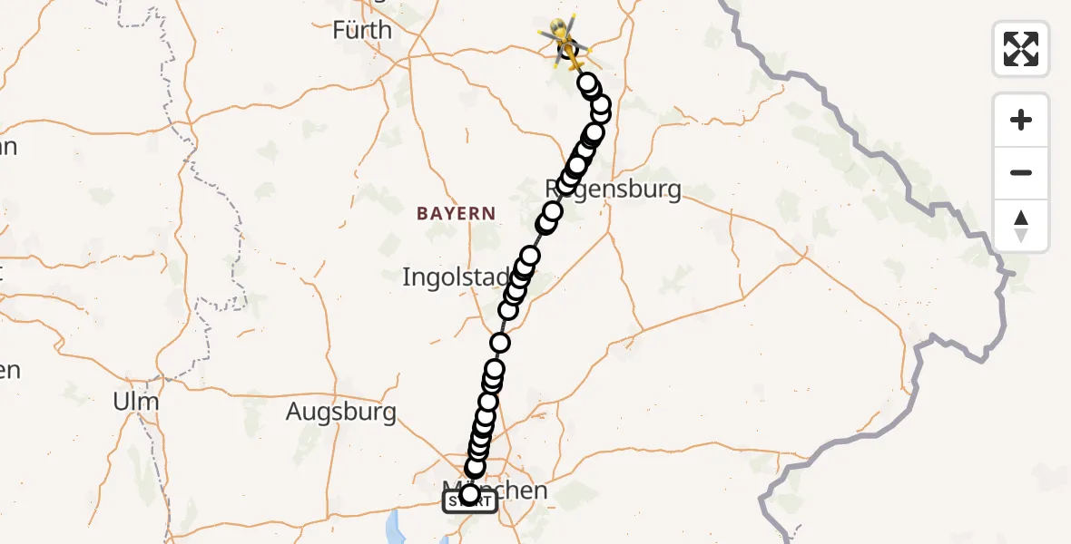 Flugroute Rettungshubschrauber DRF Air Rescue München Hubschrauberlandeplatz - Kümmersbruck, 15 August 2026, 18:29