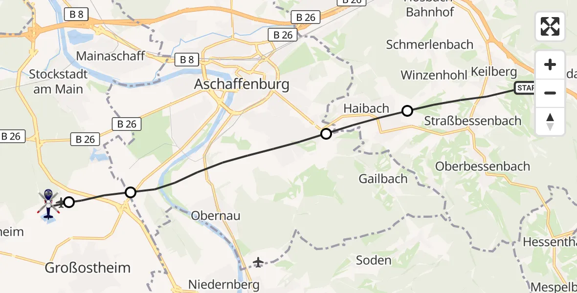Flugroute Polizeihubschrauber Bessenbach - Flugplatz Aschaffenburg, 15 August 2026, 18:32