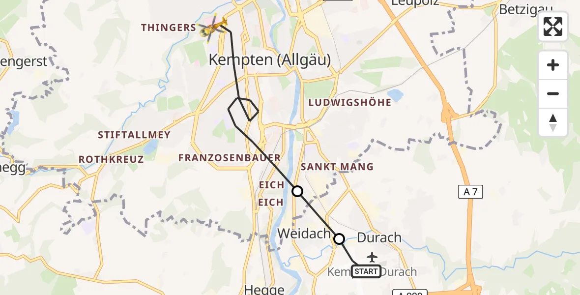 Flugroute Rettungshubschrauber Kempten-Durach Flugplatz - Kempten (Allgäu), 15 August 2026, 18:33