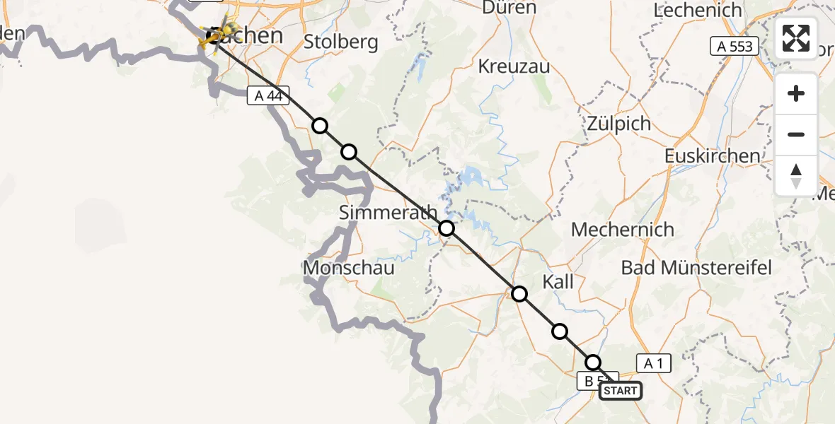 Flugroute Rettungshubschrauber Blankenheim - Aachen Hospital, 15 August 2026, 18:33