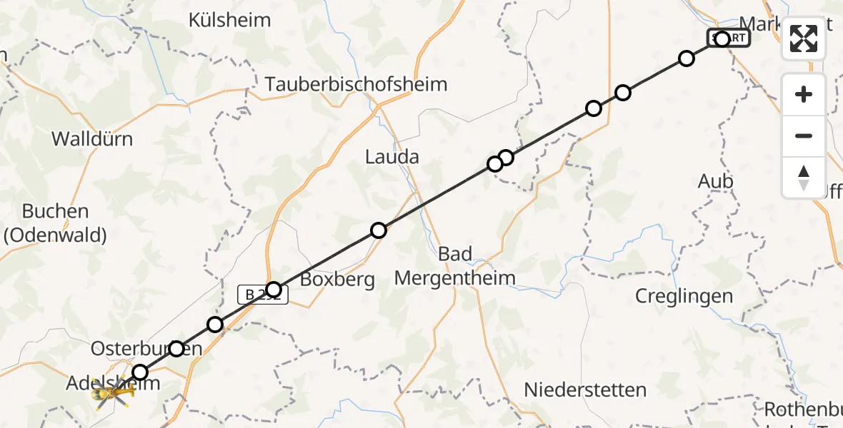 Flugroute Rettungshubschrauber Ochsenfurt Hospital - Adelsheim, 15 August 2026, 18:37