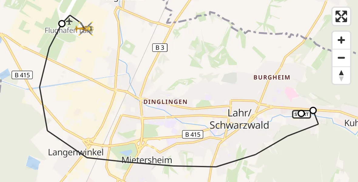 Flugroute Rettungshubschrauber Ortenau Hospital Lahr-Ettenheim - Lahr Flughafen, 15 August 2026, 18:40