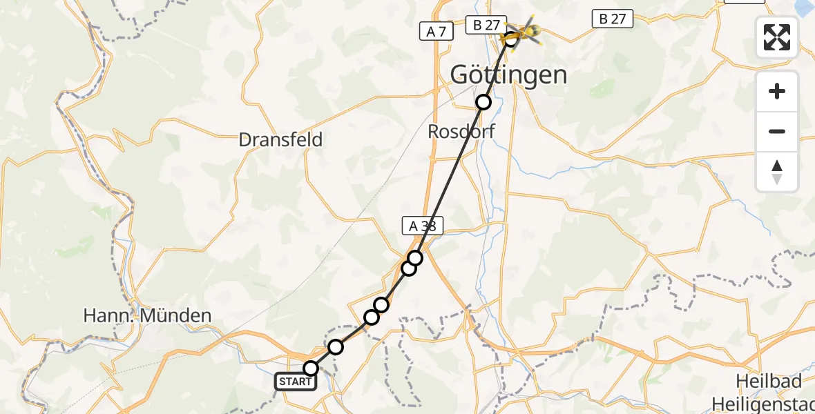 Flugroute Rettungshubschrauber Witzenhausen - Göttingen University Clinic Hubschrauberlandeplatz, 15 August 2026, 18:46