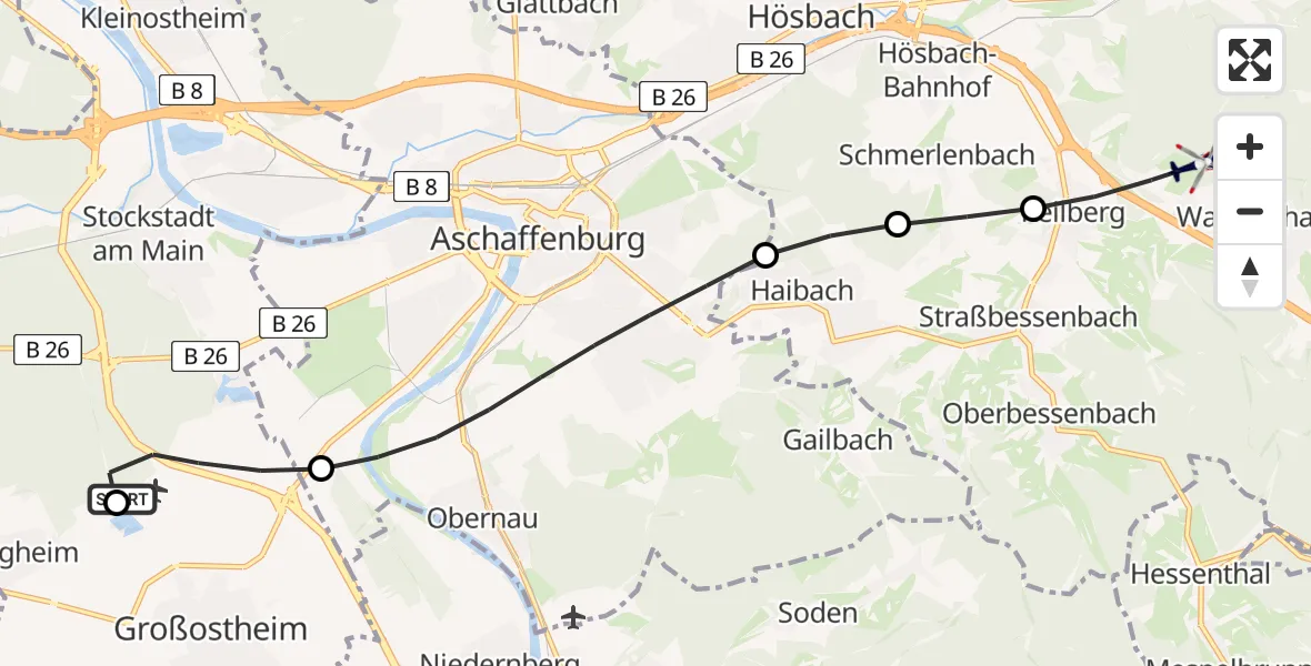 Flugroute Polizeihubschrauber Flugplatz Aschaffenburg - Bessenbach, 15 August 2026, 18:50