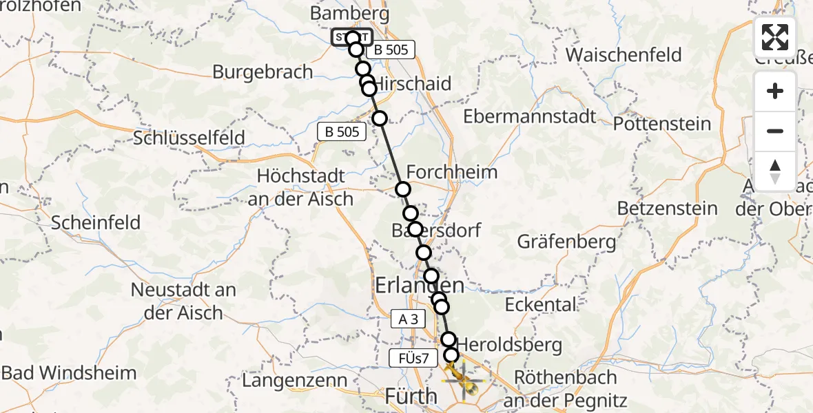 Flugroute Rettungshubschrauber Bamberg Hospital - Flughafen Nuremberg, 15 August 2026, 18:50