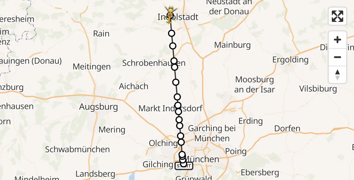 Flugroute Rettungshubschrauber DRF Air Rescue München Hubschrauberlandeplatz - Ingolstadt Hospital, 15 August 2026, 18:59
