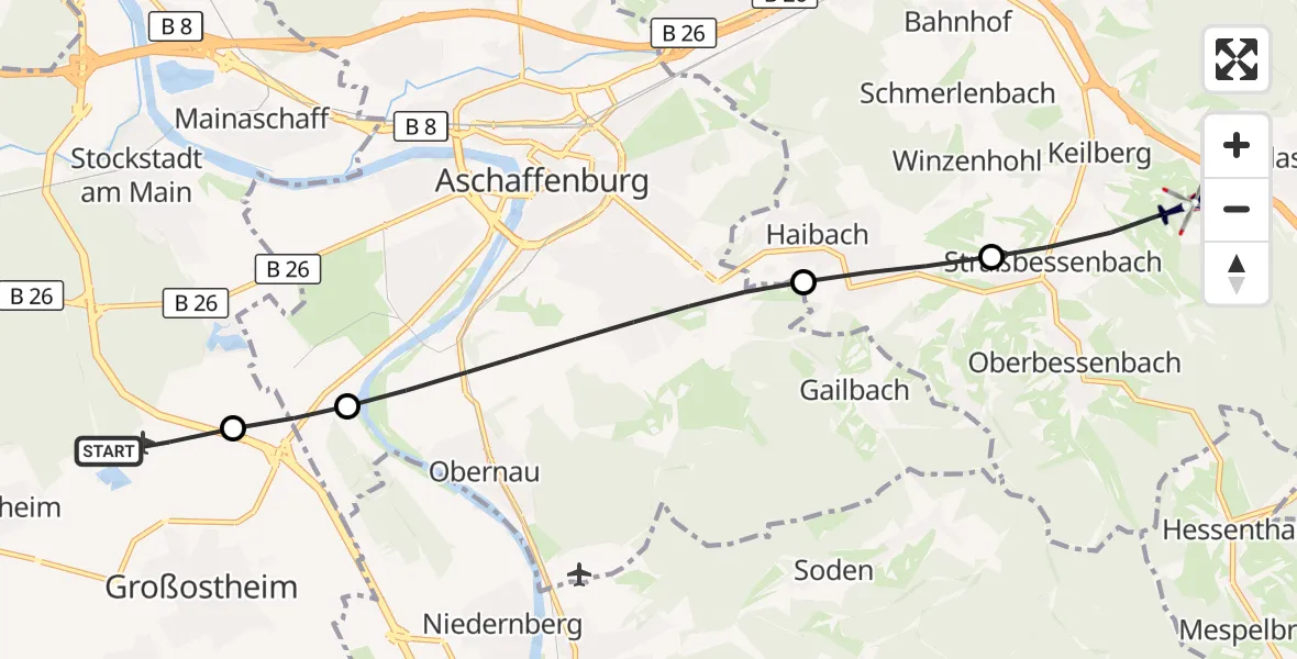 Flugroute Polizeihubschrauber Flugplatz Aschaffenburg - Bessenbach, 15 August 2026, 19:02