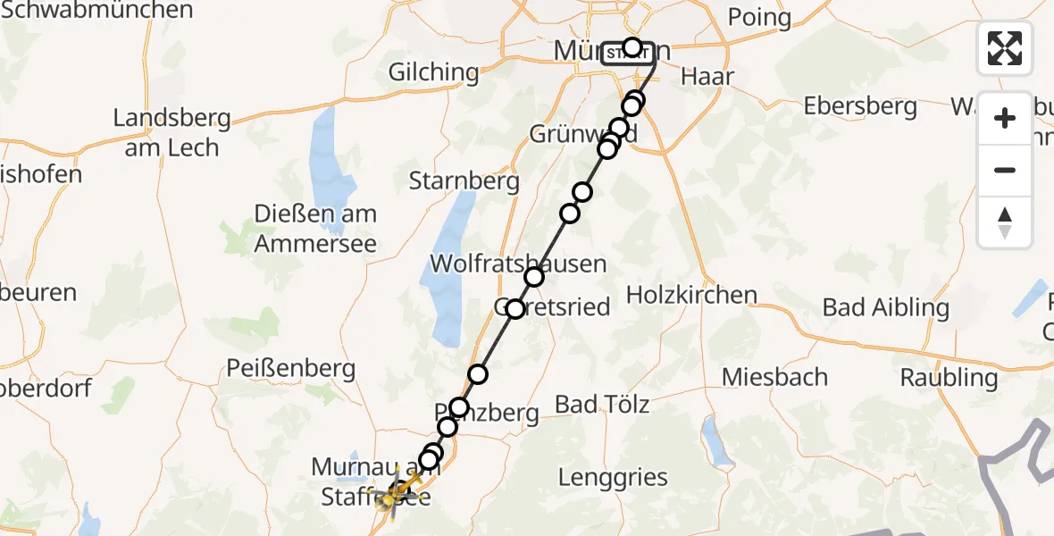 Flugroute Rettungshubschrauber Rechts der Isar University Hospital - Ohlstadt, 15 August 2026, 19:03