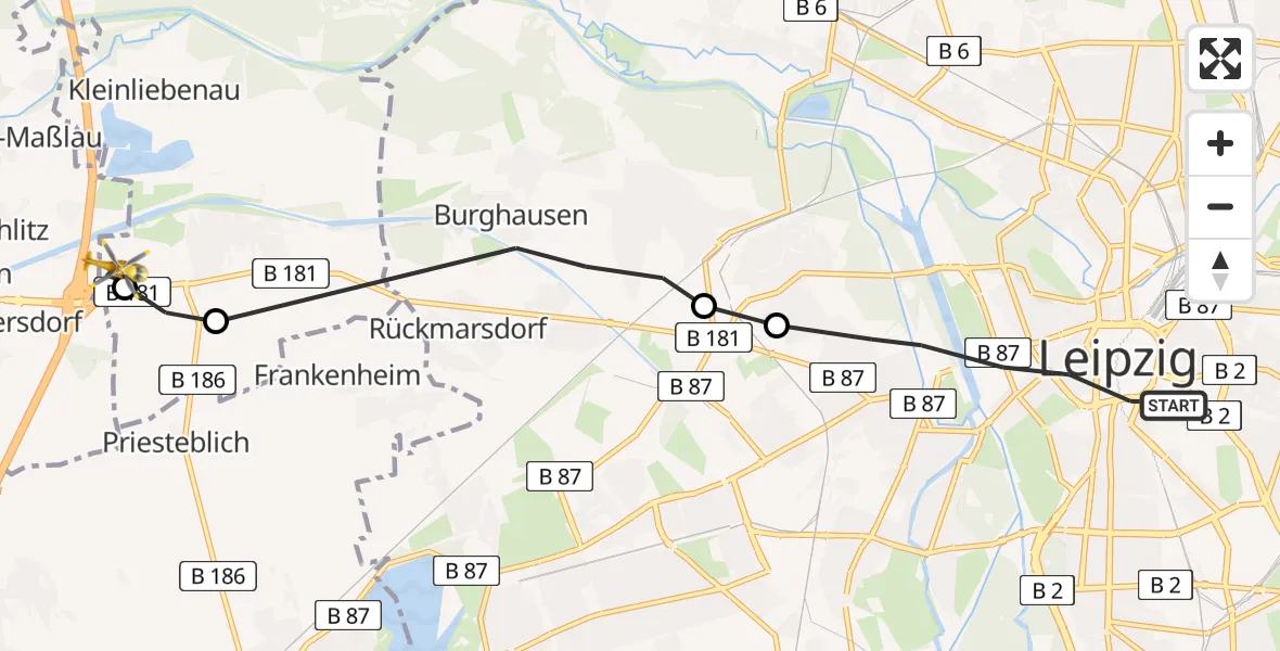 Flugroute Rettungshubschrauber Leipzig - ADAC Air Rescue Station Leipzig/Schkeuditz-Dölzig Hubschrauberlandeplatz (Christoph 61), 15 August 2026, 19:06
