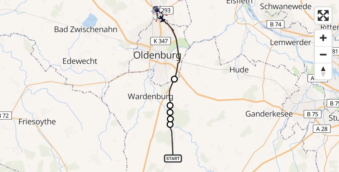 Flugroute Polizeihubschrauber Großenkneten - Rastede, 15 August 2026, 19:08