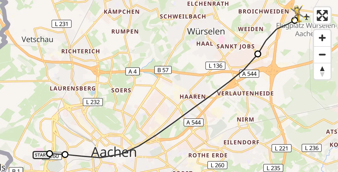 Flugroute Rettungshubschrauber Aachen Hospital - Aachen-Merzbrück Flughafen, 15 August 2026, 19:16