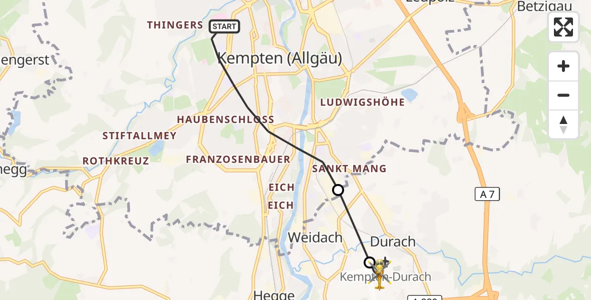 Flugroute Rettungshubschrauber Kempten (Allgäu) - Kempten-Durach Flugplatz, 15 August 2026, 19:16