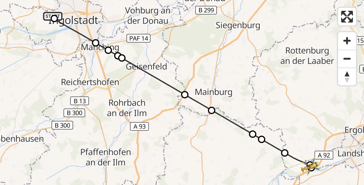 Flugroute Rettungshubschrauber Ingolstadt Hospital - Landshut Flugplatz, 15 August 2026, 19:21