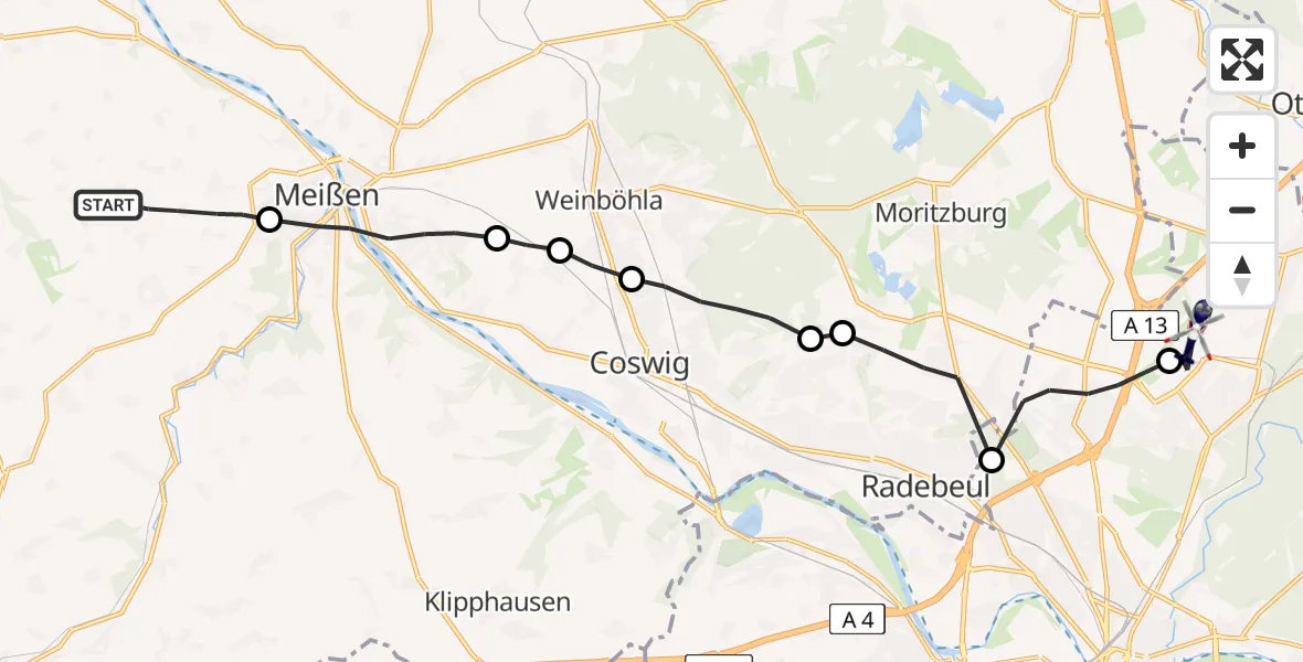 Flugroute Polizeihubschrauber Käbschütztal - Dresden Flughafen, 15 August 2026, 19:21