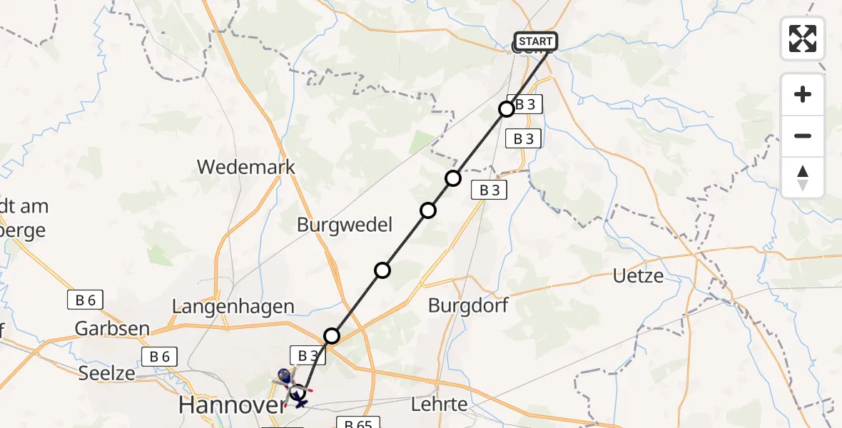 Flugroute Polizeihubschrauber Celle - Hannover Luftrettung Hubschrauberlandeplatz (Christoph 4), 15 August 2026, 19:25