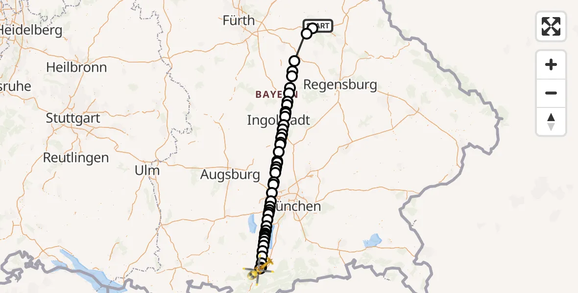 Flugroute Rettungshubschrauber Amberg - Murnau a.Staffelsee, 15 August 2026, 19:36