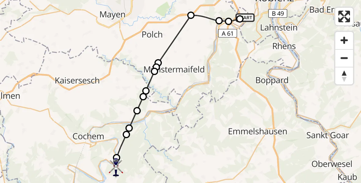 Flugroute Polizeihubschrauber Koblenz-Winningen Flugplatz - Briedern, 15 August 2026, 19:37