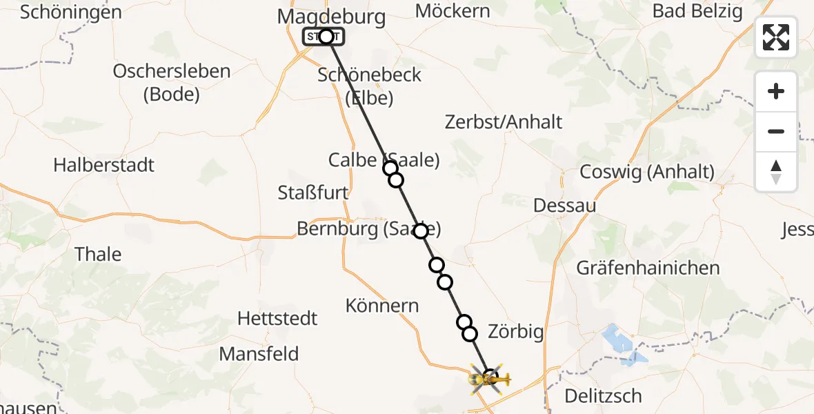Flugroute Rettungshubschrauber Magdeburg University Hospital - Halle-Oppin Flugplatz, 15 August 2026, 19:38