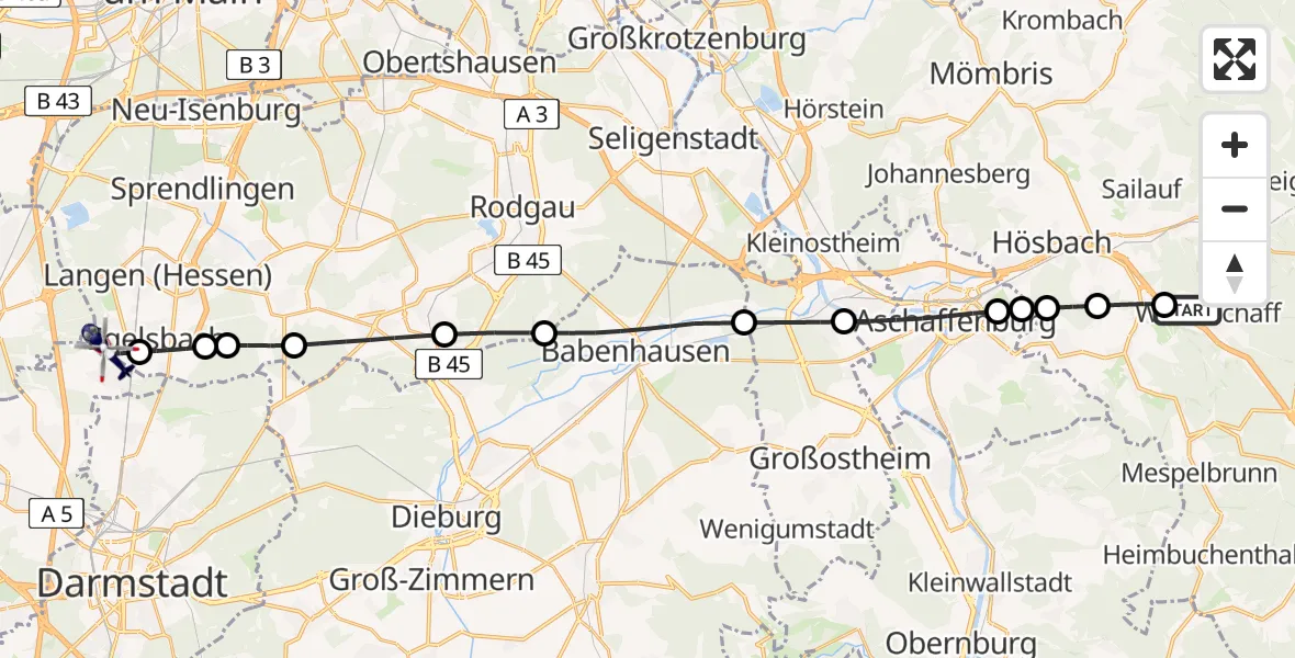 Flugroute Polizeihubschrauber Waldaschaff - Flughafen Frankfurt-Egelsbach, 15 August 2026, 19:48
