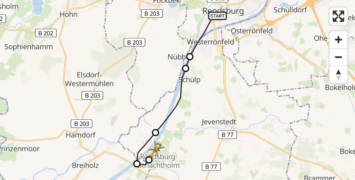 Flugroute Ambulanzhubschrauber Rendsburg - Rendsburg-Schachtholm Flugplatz, 15 August 2026, 19:48