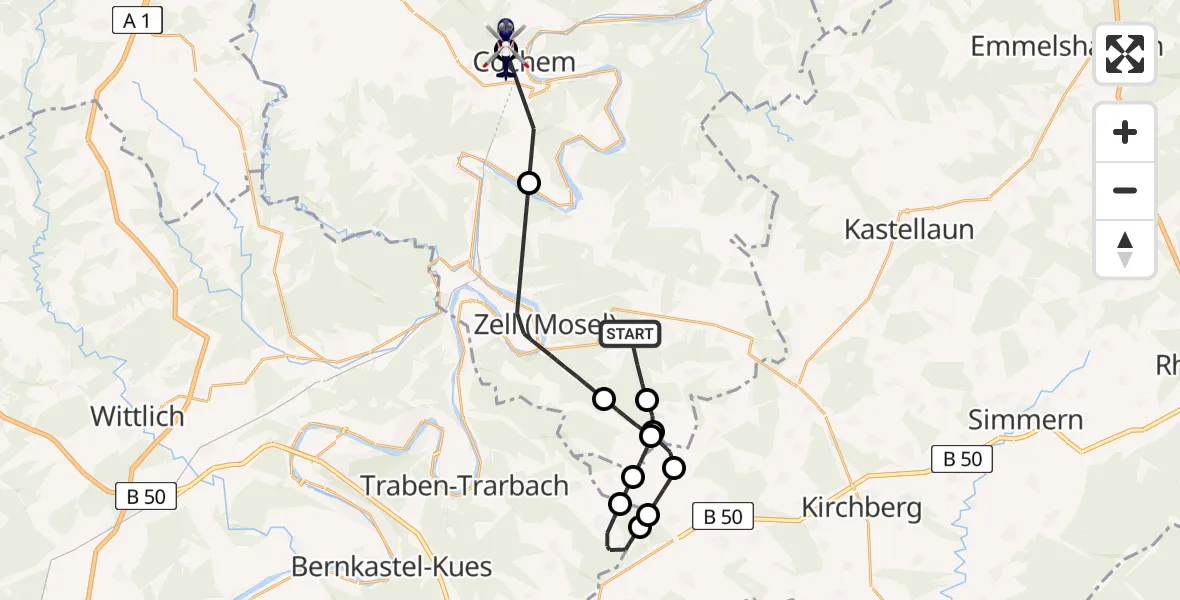 Flugroute Polizeihubschrauber Zell (Mosel) - Cochem, 15 August 2026, 19:54