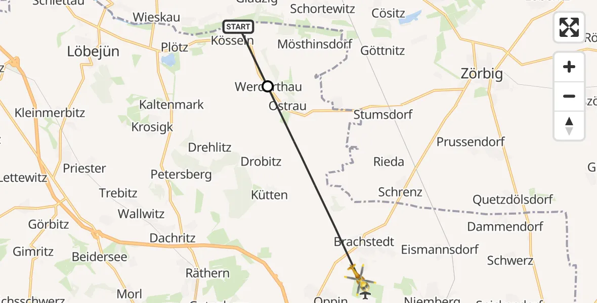 Flugroute Rettungshubschrauber Wettin-Löbejün - Landsberg, 15 August 2026, 19:58
