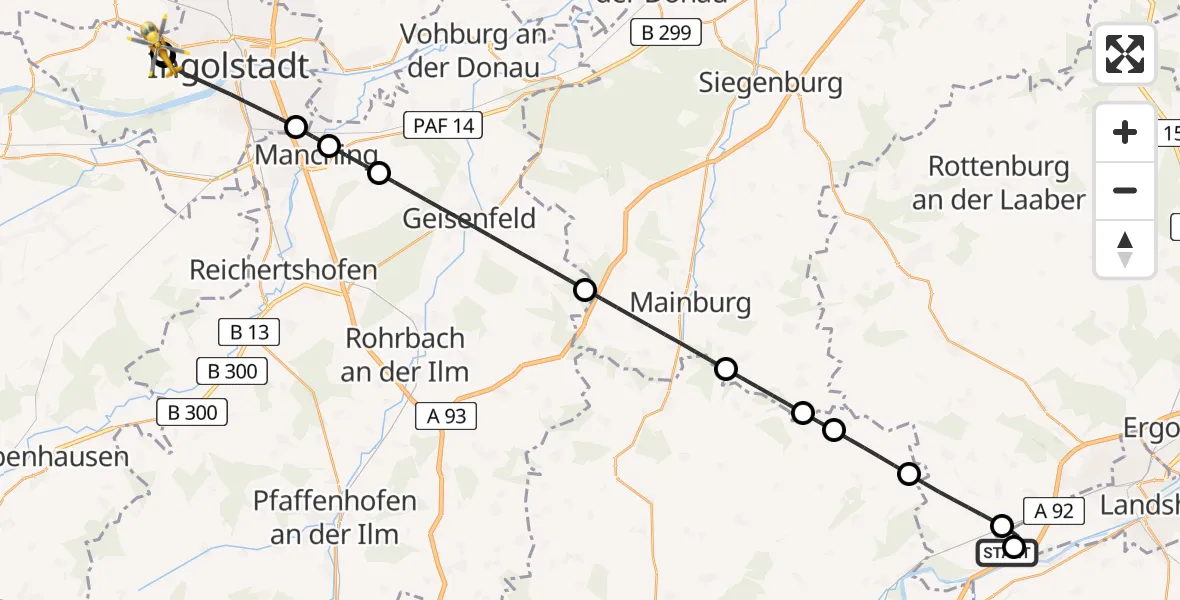 Flugroute Rettungshubschrauber Landshut Flugplatz - Ingolstadt Hospital, 15 August 2026, 20:06