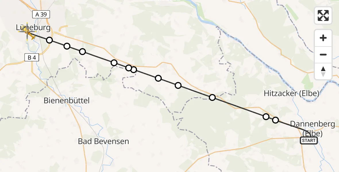 Flugroute Rettungshubschrauber Dannenberg (Elbe) - Lüneburg, 15 August 2026, 20:45