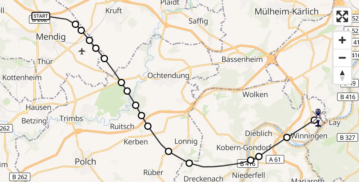 Flugroute Polizeihubschrauber Mendig - Koblenz-Winningen Flugplatz, 15 August 2026, 20:55
