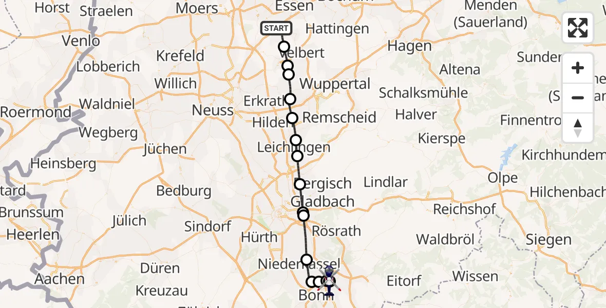 Flugroute Polizeihubschrauber Essen - Sankt Augustin, 15 August 2026, 20:59