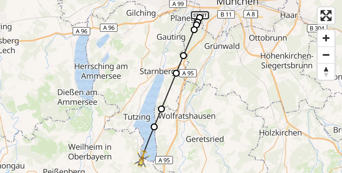 Flugroute Rettungshubschrauber DRF Air Rescue München Hubschrauberlandeplatz - Seeshaupt, 15 August 2026, 21:34