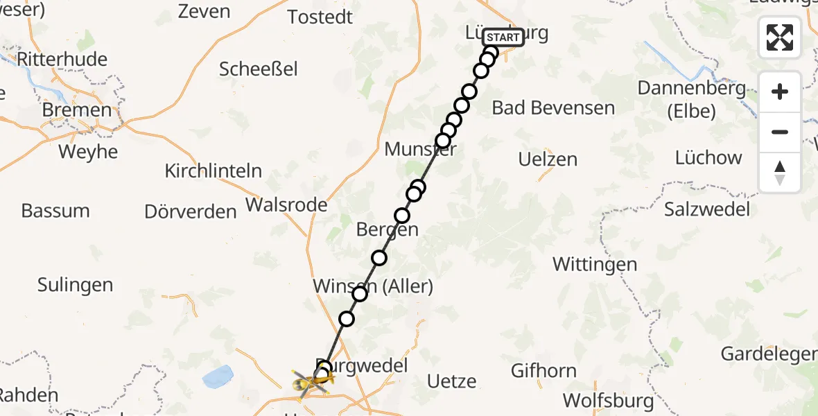 Flugroute Rettungshubschrauber Lüneburg - Flughafen Hannover, 15 August 2026, 21:38
