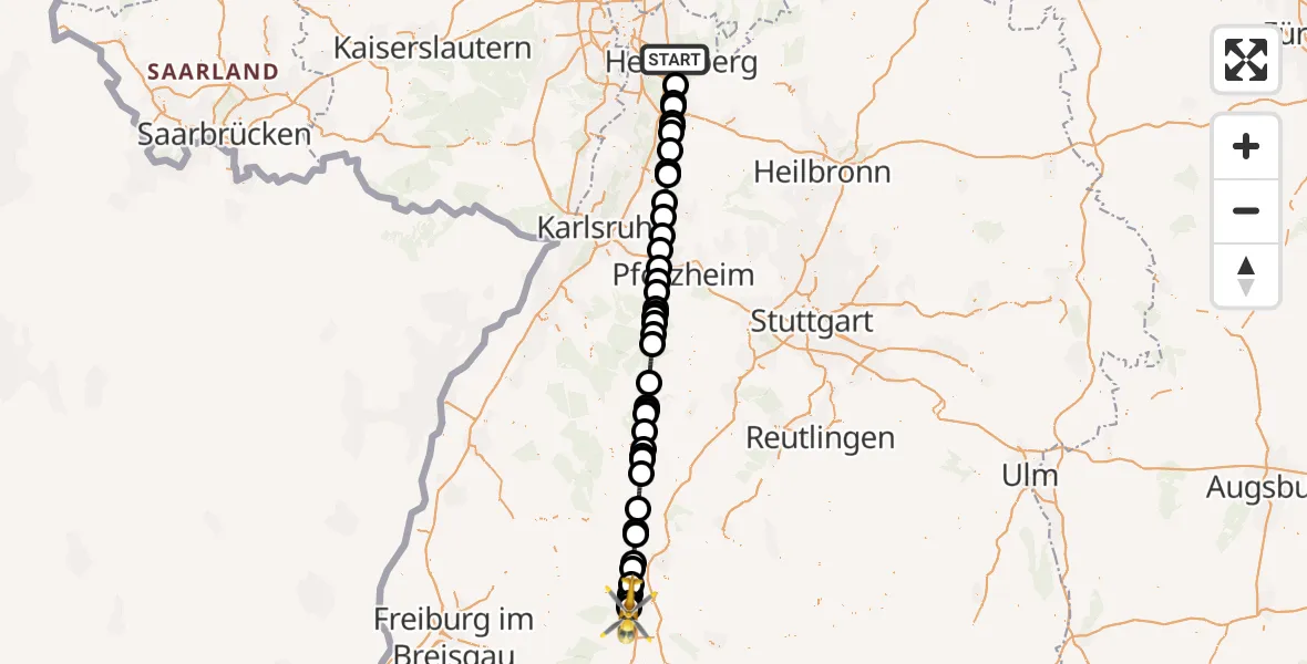 Flugroute Ambulanzhubschrauber Heidelberg - DRF Air Rescue Station Villingen-Schwenningen Hubschrauberlandeplatz (Christoph 11), 15 August 2026, 21:40