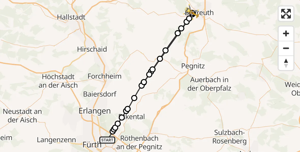 Flugroute Rettungshubschrauber Flughafen Nuremberg - Bayreuth Hospital, 15 August 2026, 21:40