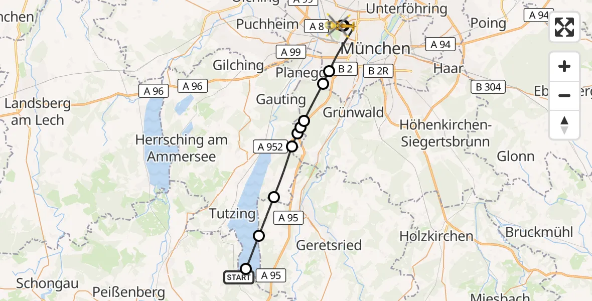 Flugroute Rettungshubschrauber Seeshaupt - Dritter Orden University Hospital, 15 August 2026, 22:35